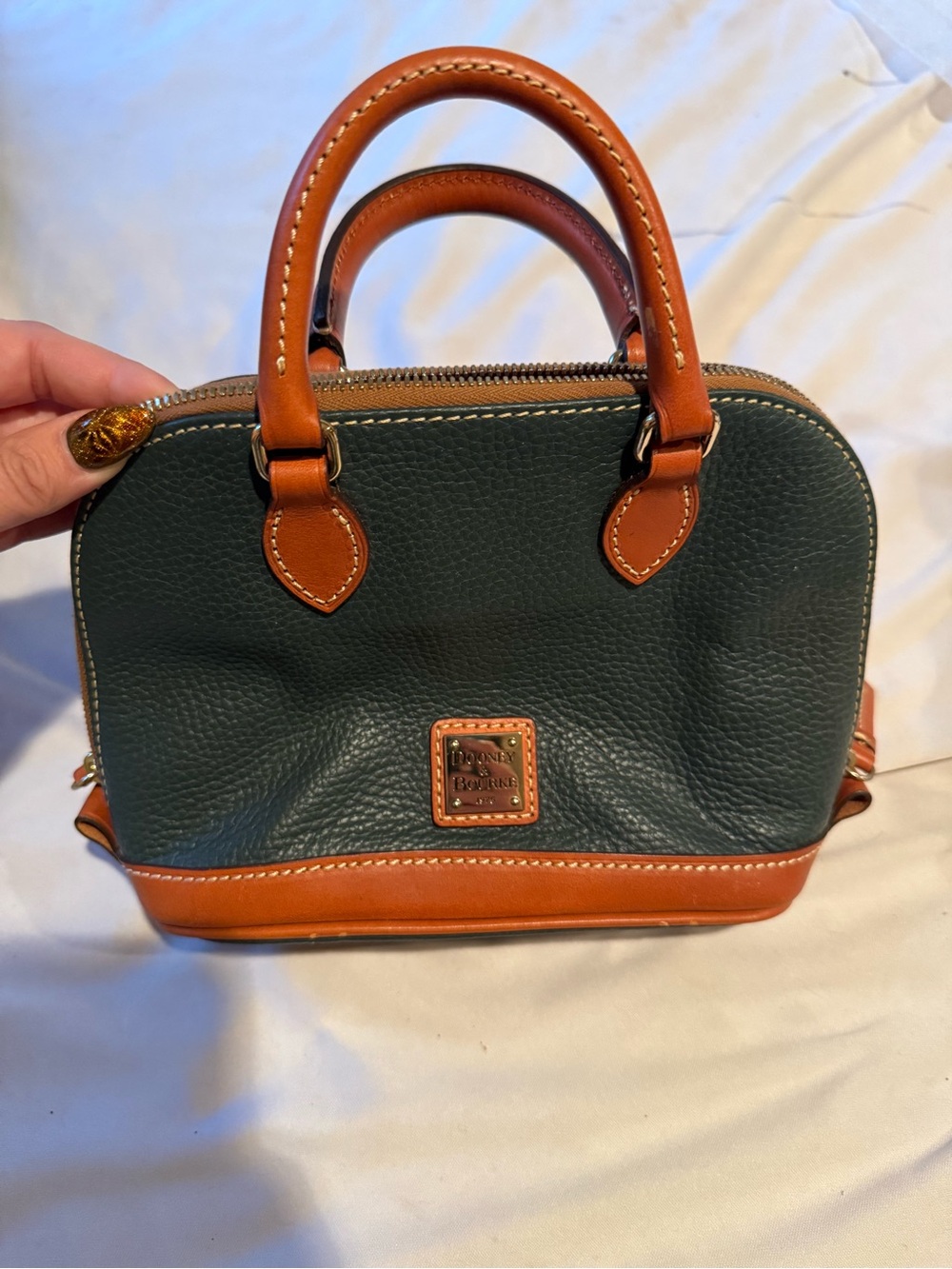 Dooney & Bourke Green and Tan Pebbled Leather Satchel